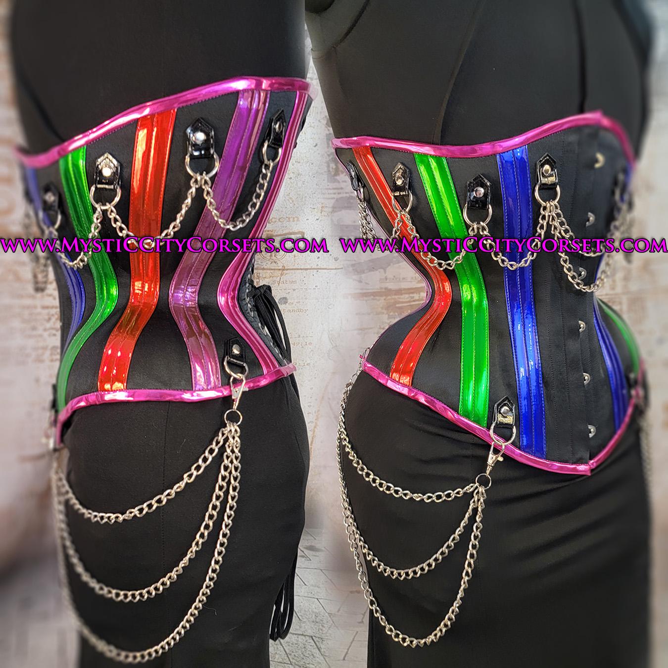 New MCC-95 Chains Black Satin/pvc Underbust Long Line Tightlacing