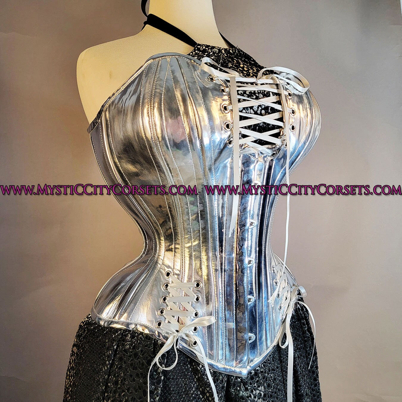 New MCC-30S Silver PVC Overbust Tightlacing Corset Mystic City