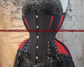 MCC-64 Black/Red Mesh Hip ties underbust waist training tightlacing steel boned corset  MystiC City Corsets