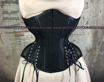 MCC-139 Black Mesh Hip ties underbust waist training tightlacing steel boned corset  MystiC City Corsets