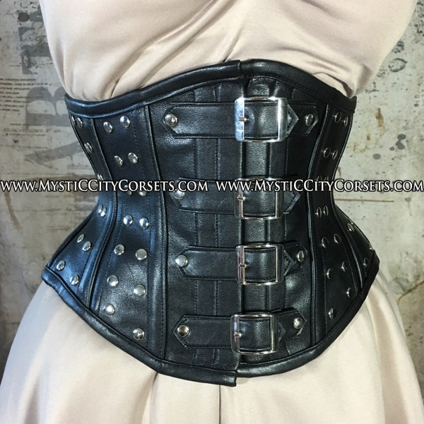 MCC-6 Black Faux Leather waspie corset underbust waist training tightlacing steel boned corset  MystiC City Corsets