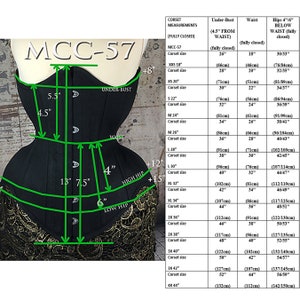May include: A black corset with a lace trim and measurements marked in inches. The corset is labeled "MCC-57" and has a size chart with measurements in inches and centimeters.