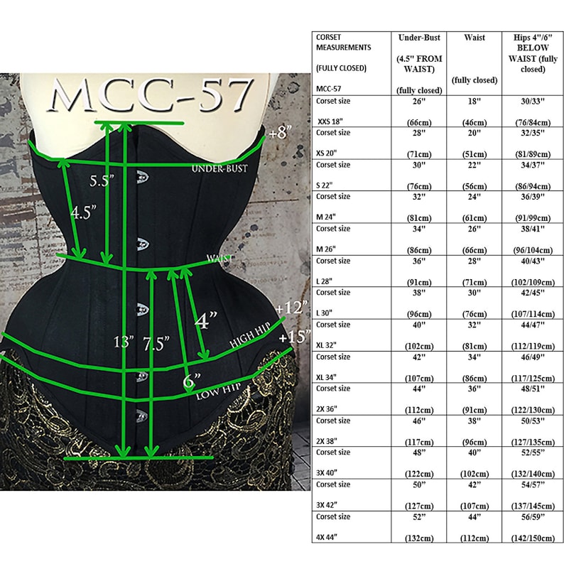 May include: A black corset with a lace trim and measurements marked in inches. The corset is labeled "MCC-57" and has a size chart with measurements in inches and centimeters.