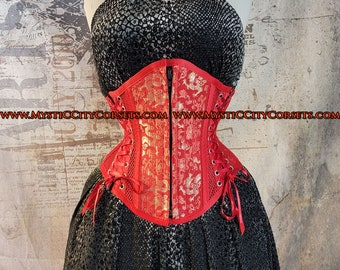 MCC-25 Red Brocade Red Mesh underbust waist training tightlacing steel boned corset  MystiC City Corsets
