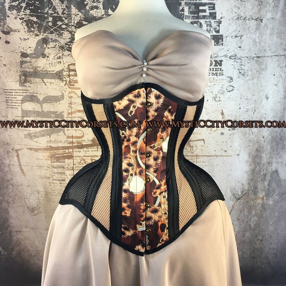 MCC-112 anti-muffin Long Torso Printed Satin Sport Mesh Underbust Waist  Training Tightlacing Steel Boned Corset Mystic City Corsets 