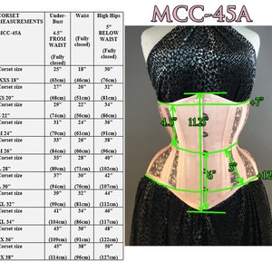 May include: A pink corset with black floral print and white trim. The corset has a 4.5 inch waist reduction and a 5 inch reduction below the waist. The corset is labeled MCC-45A. The image includes a size chart with measurements in inches and centimeters.