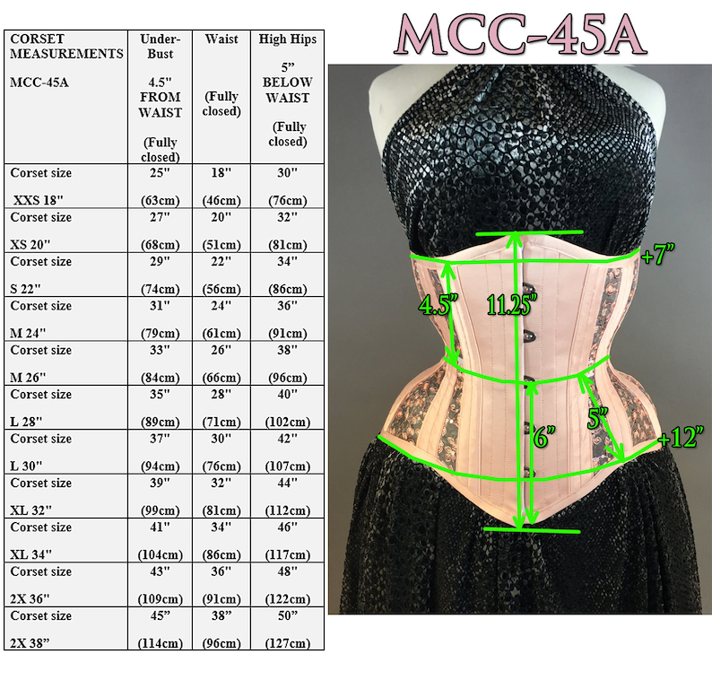 May include: A pink corset with black floral print and white trim. The corset has a 4.5 inch waist reduction and a 5 inch reduction below the waist. The corset is labeled MCC-45A. The image includes a size chart with measurements in inches and centimeters.