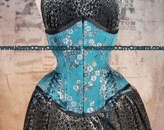 MCC-44L Teal Cherry Brokat Unterbrust Training Tightlacing Stahl ohne Knochen Mystic City Korsetts Größe