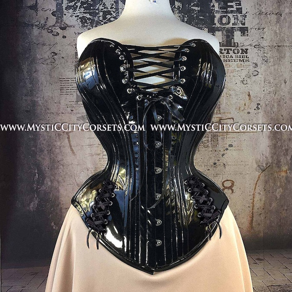 New MCC-30 Black Metallic PVC Overbust Tightlacing Waisttraining Corset Mystic  City Corsets 