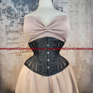 MCC-32X Black Brocade Mesh, waspie corset underbust waist training tightlacing steel boned corset  MystiC City Corsets