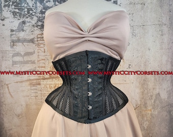 MCC-32X Black Brocade Mesh, waspie corset underbust waist training tightlacing steel boned corset  MystiC City Corsets