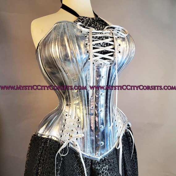 New MCC-30S Silver PVC Overbust Tightlacing Corset Mystic City