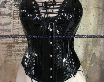 New MCC-30-O Black Metallic PVC overbust tightlacing waisttraining corset MystiC City Corsets