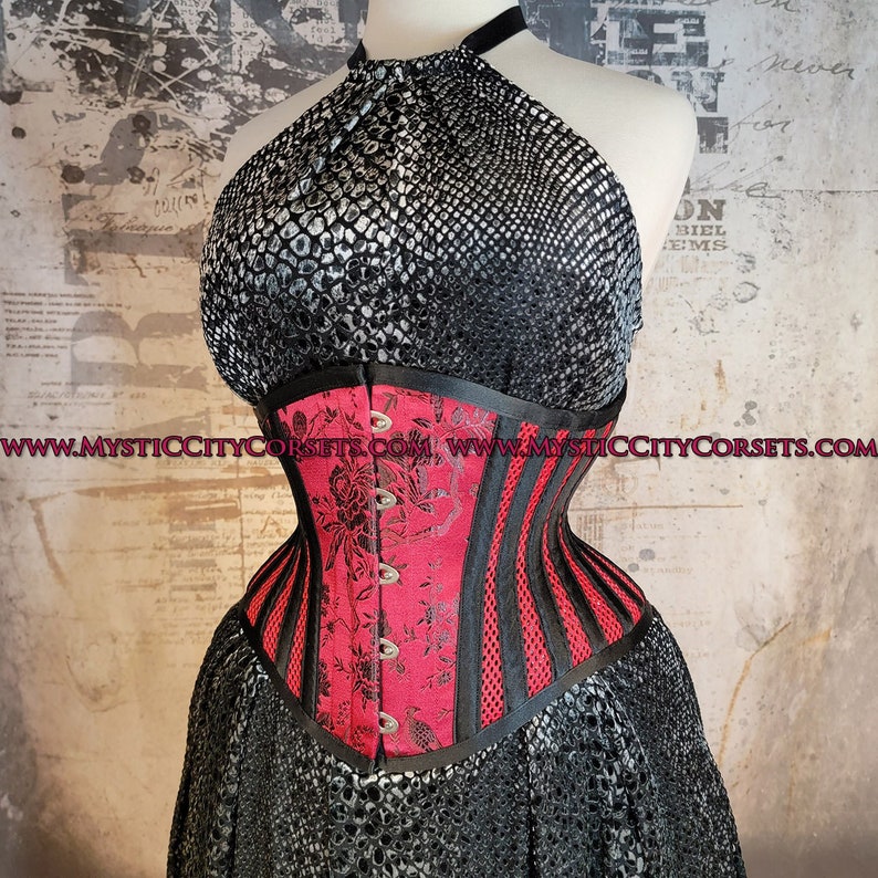 MCC-6 Brocade/Red Sport Mesh waspie corset underbust waist training tightlacing steel boned corset MystiC City Corsets image 1