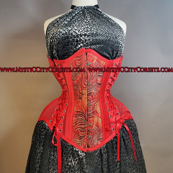 Brand New MCC-57 "Anti-Muffin" Red Brocade Sport Mesh  underbust waist training tightlacing steel boned corset MystiC City Corsets