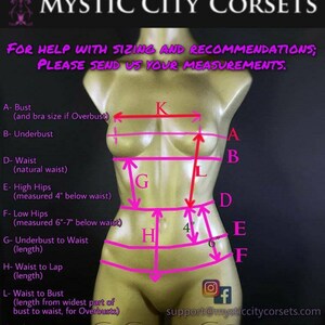 May include: Diagram showing how to measure for a corset. The diagram shows a mannequin with lines drawn to indicate where to measure for bust, underbust, waist, high hips, low hips, underbust to waist, waist to lap, and waist to bust.