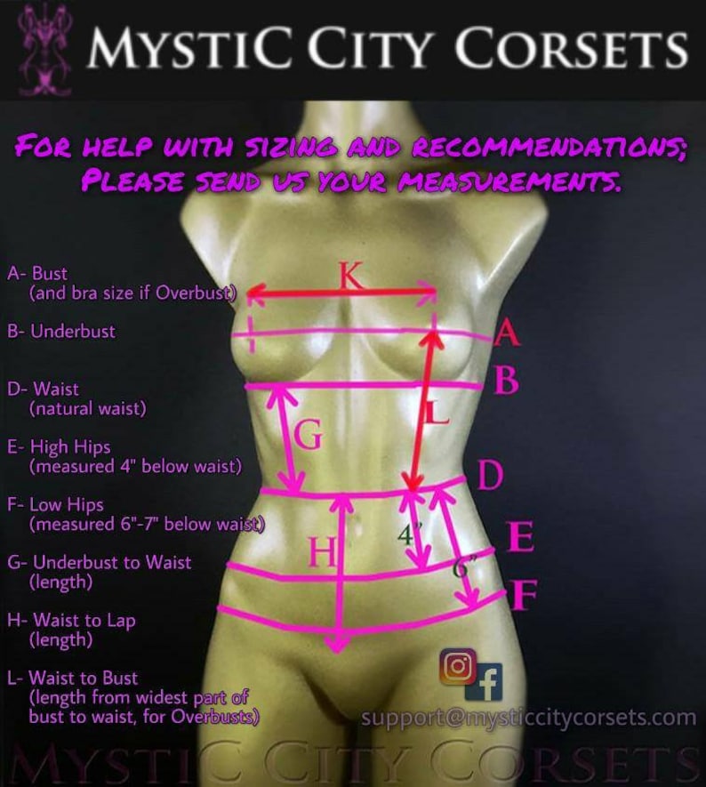 May include: Diagram showing how to measure for a corset. The diagram shows a mannequin with lines drawn to indicate where to measure for bust, underbust, waist, high hips, low hips, underbust to waist, waist to lap, and waist to bust.
