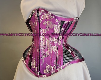 MCC-44L  Cherry Brocade/Black Sport Mesh underbust waist training tightlacing steel boned corset MystiC City Corsets