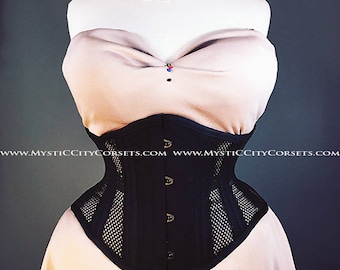MCC-6 Black Cotton/Sport Mesh waspie corset underbust waist training tightlacing steel boned corset  MystiC City Corsets