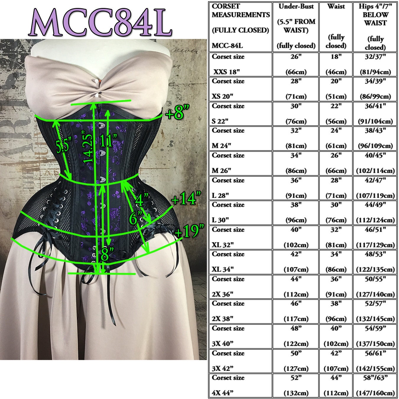 New MCC-84L plus Size Wide Hips Black Satin Corset Waisttraining