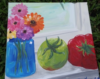 View from my Kitchen, zinnias,  tomatoes,  impressionist art, painting,  southern art, nc art