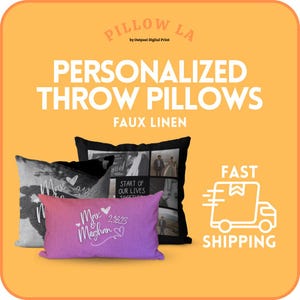 May include: Three personalized faux linen throw pillows. One pillow is black with a collage of photos, another is a gradient pink and purple with a name and date, and the third is black and white with a cowhide pattern. Text on the image reads "PERSONALIZED THROW PILLOWS".