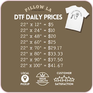 May include: A promotional graphic for DTF (Direct to Film) printing services. The image features a white t-shirt with a design, pricing for various sizes, and icons for local pickup, high quality, and customer satisfaction.