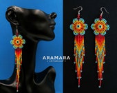 Flower Earrings, Mexican Jewelry, Mexican earrings, Mexican folk art, Beaded Flower, Native american earrings, Huichol Earrings, AF-0899