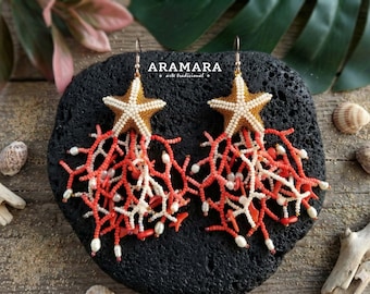 Fringe Beaded Starfish Earrings | Real Coral and Pearl | Boho Jewelry | Huichol Beadwork