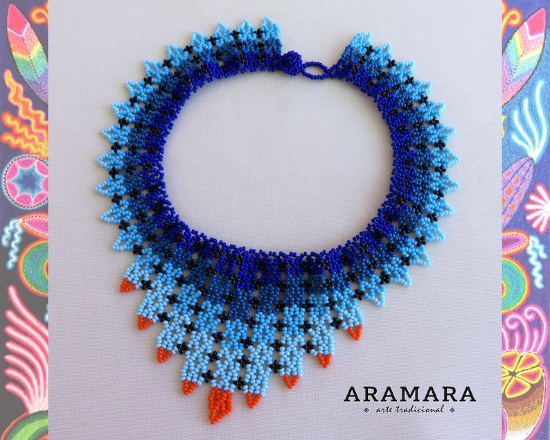 Huichol beadwork, Mexican Necklace, Beaded necklace, Huichol necklace, Huichol Jewelry, Mexican Jewelry, Bib, Choker necklace, COM-0049 image 1