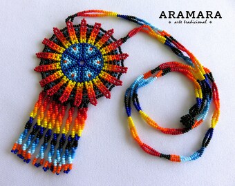 Naszyjnik z pejotlem, naszyjnik meksykański, koraliki Huichol, naszyjnik Huichol, naszyjnik indiański, biżuteria Huichol, biżuteria meksykańska, CFM-0118