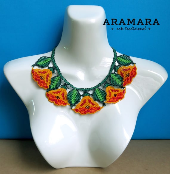 Mexican Huichol Beaded Flower Necklace and Earrings Set JGO-0030