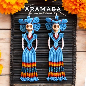 Catrina-oorbellen, rocailles, Huichol-oorbellen, Dia de muertos, Day of the Dead-oorbellen, franjeoorbellen, schedel met kralen, boho