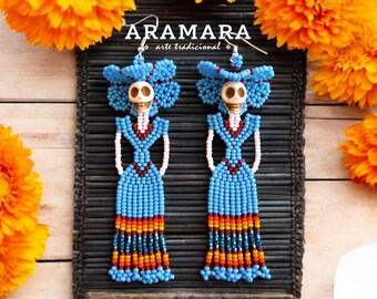 Beaded Catrina earrings, Seed Bead Earrings, Huichol Earrings, Dia de muertos, Day of the dead earrings, Fringe Earrings, Beaded skull, Boho