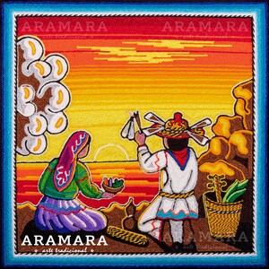 May include: A colorful embroidered artwork depicting two figures in traditional clothing against a sunset backdrop. The figures are standing near a body of water, with one holding a feathered object and the other holding a bowl. The artwork is signed "Aramara arte tradicional" in the bottom left corner.