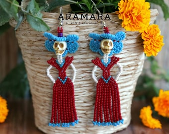 Boucles d'oreilles Catrina à franges | Bijoux autochtones | Perles Huichol | Rouge et bleu