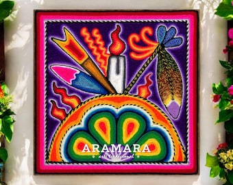 8" Huichol painting, Native art, Mexican folk art, Mexican wall art, Huichol art, Mexican decor, Mexican painting, Mexican art, 20-264