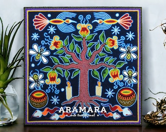 12" Huichol painting, Native art, Huichol art, Mexican art, Mexican decor, Mexican painting, Mexican wall art, Mexican folk art, 30-549