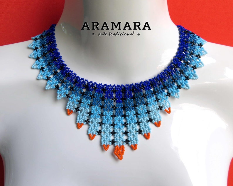 Huichol beadwork, Mexican Necklace, Beaded necklace, Huichol necklace, Huichol Jewelry, Mexican Jewelry, Bib, Choker necklace, COM-0049 image 7