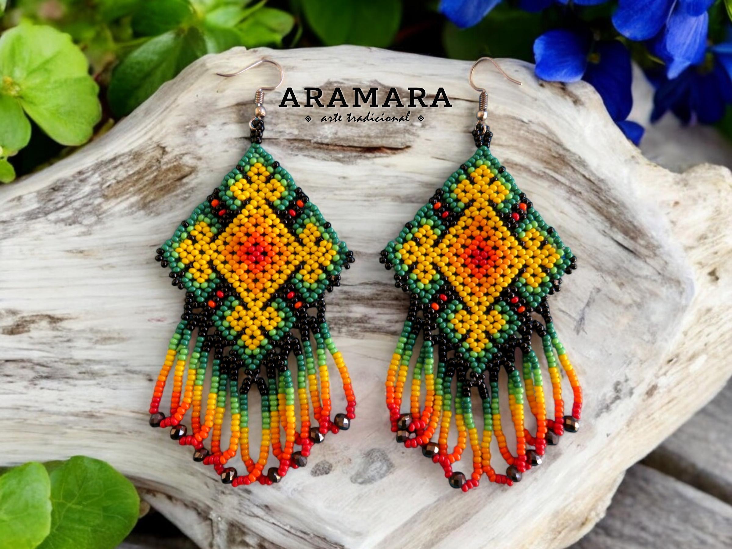 Ojo de Dios, Eye of God, Mexican Folk Art, Fringe Earrings, Native American Earrings, Mexican Earrings, Seed Bead Earrings, Huichol Earrings