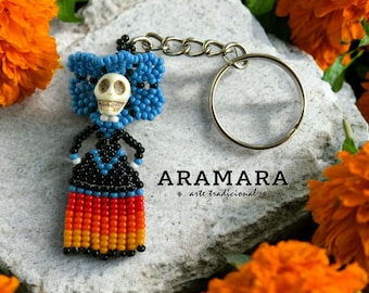 Beaded Catrina keychain, Mexican Keychain, Native American, Huichol Keychain, Beaded skull, Seed Bead , Day of the dead, Dia de muertos,
