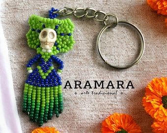Beaded Catrina keychain, Mexican Keychain, Native American, Huichol Keychain, Beaded skull, Seed Bead , Day of the dead, Dia de muertos,