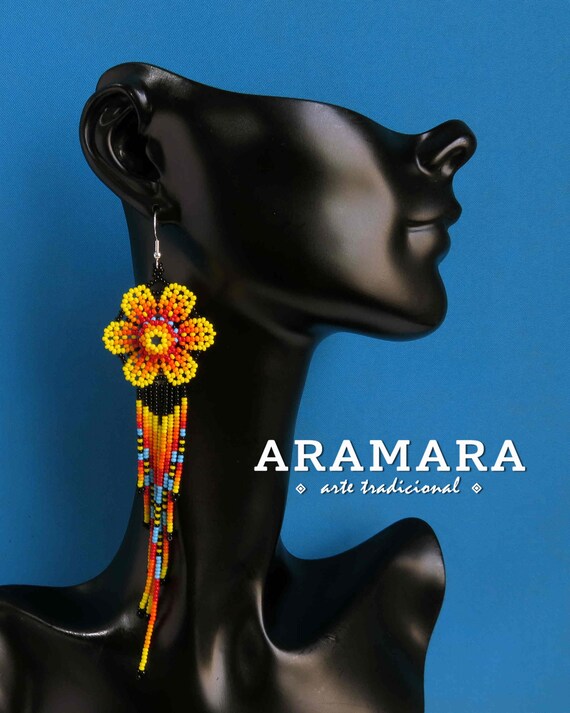 Beaded Fringe Flower Earrings | Indigenous Mexican Art | Statement