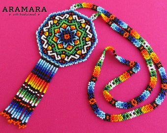 Huichol Jewelry set, Huichol necklace, Mexican Necklace, Huichol earrings, Huichol Jewelry, Mexican Jewelry, Medallion necklace, JGO-0182