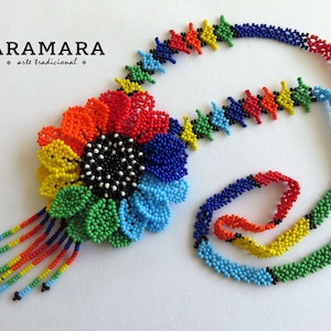 Huichol necklace, Mexican Necklace, Huichol Jewelry, Mexican Jewelry, Boho necklace, Huichol art, Beaded Flower, Flower necklace CFM-0100