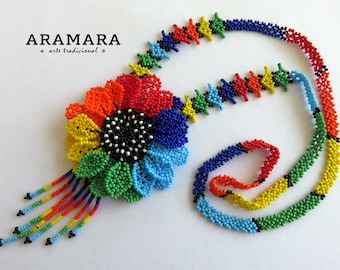 Huichol necklace, Mexican Necklace, Huichol Jewelry, Mexican Jewelry, Boho necklace, Huichol art, Beaded Flower, Flower necklace CFM-0100