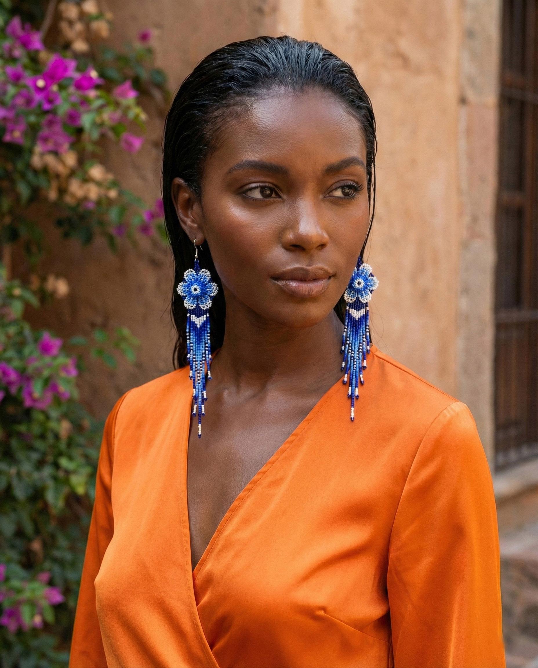 Beaded Flower Fringe Earrings | Statement Earrings | Huichol