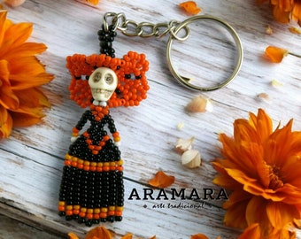 Beaded Catrina keychain, Mexican Keychain, Native American, Huichol Keychain, Beaded skull, Seed Bead , Day of the dead, Dia de muertos,