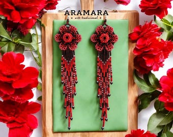 Beaded Flower Fringe Earrings | Mexican Jewelry | Huichol Beadwork | Red Ombre and Black