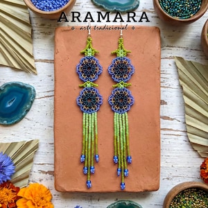 Boho Beaded Flower Earrings | Statement Jewelry | Huichol Beadwork | Periwinkle Blue and Lime Green